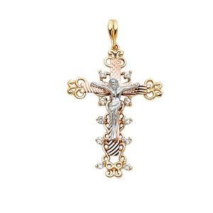 14K Tri Color Religious Crucifix Pendant